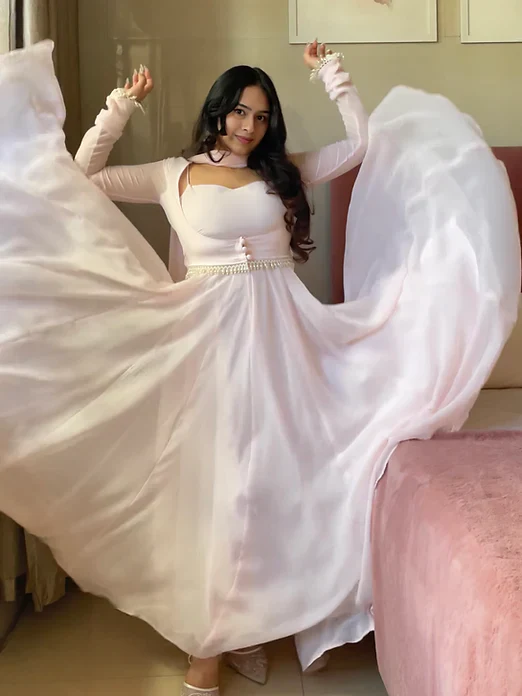Designer Baby Pink Anarkali with Lace-Up Back & Koti for Festive & Wedding Wear - Image 4