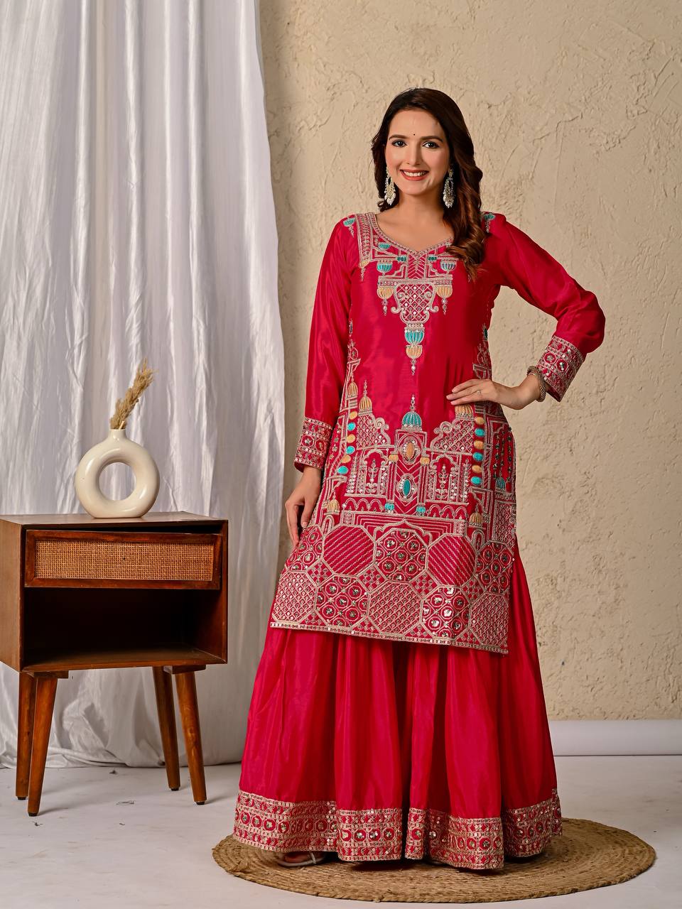 Amrapali Trend Designer Chinnon Silk Kurta Sharara Set with Embroidered Dupatta - Image 5