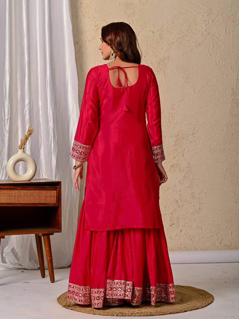 Amrapali Trend Designer Chinnon Silk Kurta Sharara Set with Embroidered Dupatta - Image 8