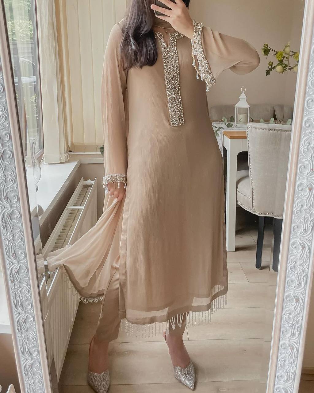 Amrapali Trend Designer Fox Georgette Kurta Pant Set with Real Moti Hand Work - Image 6