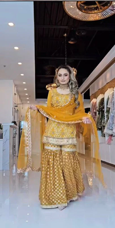 Amrapali Trend Designer Heavy Chinnon Silk Sharara Palazzo Set with Sequence Embroidery - Image 3