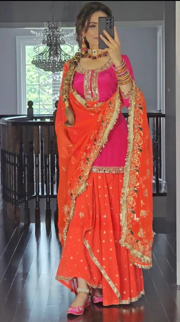 Amrapali Trend Designer Malay Silk Top with Faux Georgette Dhoti Skirt