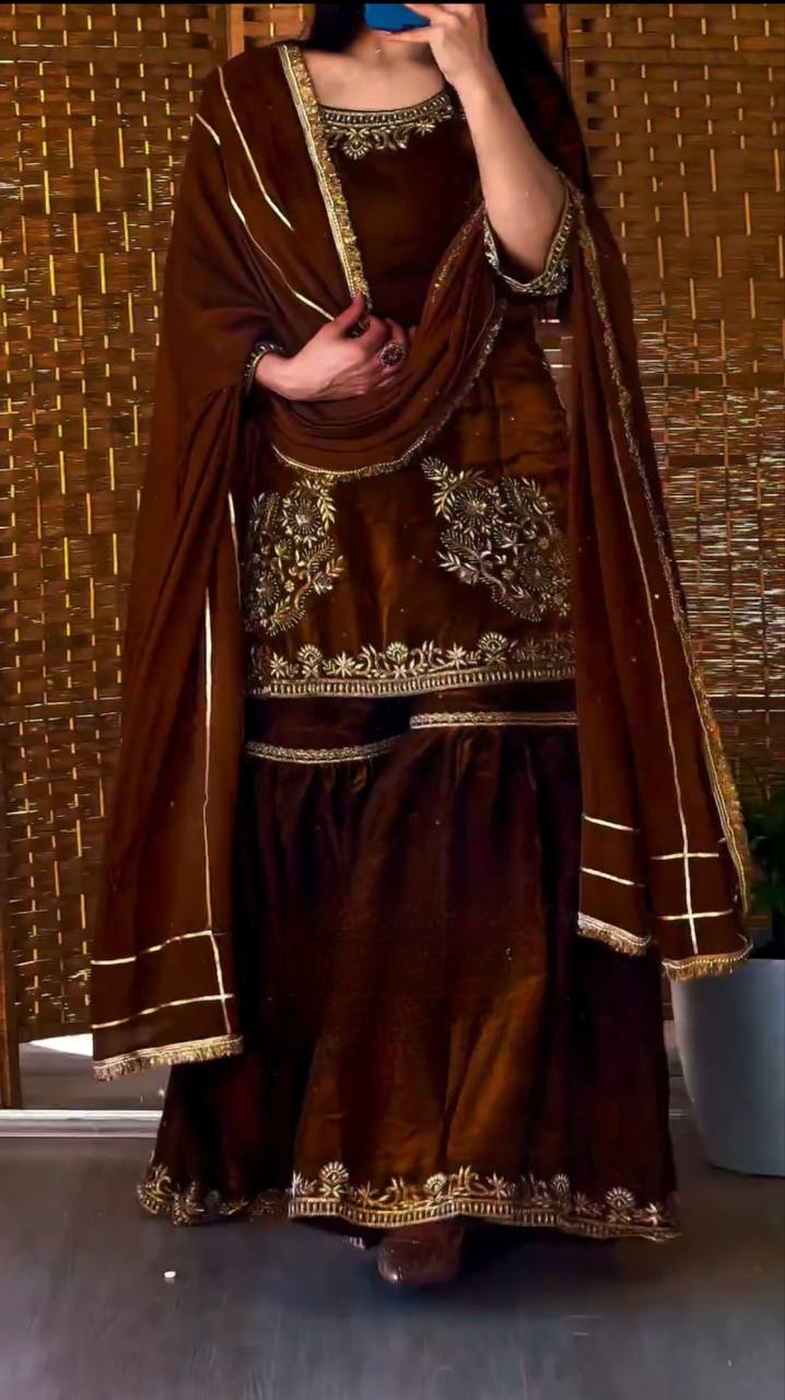 Amrapali Trend Designer Natural Crepe Embroidered Top Sharara Palazzo Set with Dupatta - Image 3