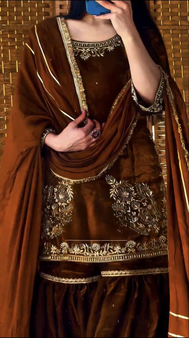 Amrapali Trend Designer Natural Crepe Embroidered Top Sharara Palazzo Set with Dupatta - Image 5