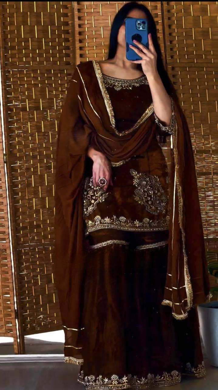 Amrapali Trend Designer Natural Crepe Embroidered Top Sharara Palazzo Set with Dupatta - Image 6