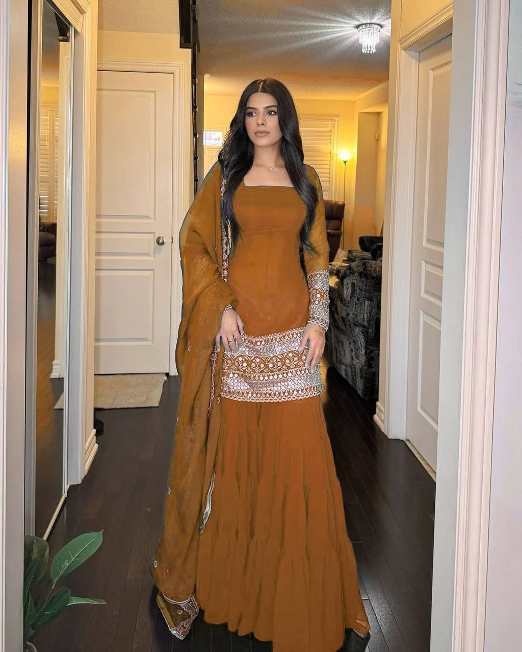 Amrapali Trend Dusty Rust Embroidered Sharara Set with Dupatta - Image 2