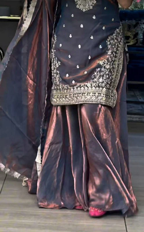 Amrapali Trend Elegant Heavy Embroidered Fandy Silk Sharara Suit Set - Image 4