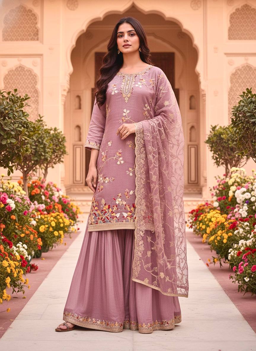 Amrapali Trend Elegant Pure Jimmy Silk Embroidered Palazzo Suit Set