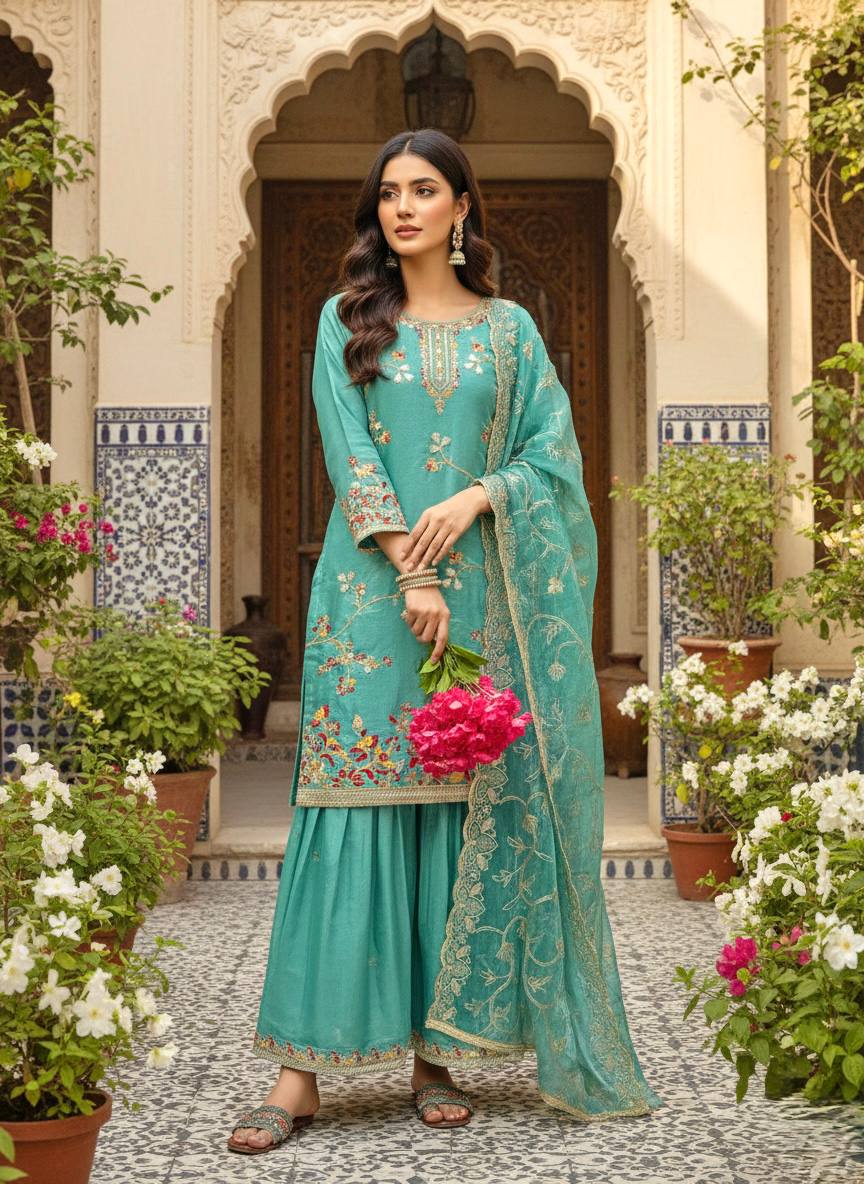 Amrapali Trend Elegant Pure Jimmy Silk Embroidered Palazzo Suit Set - Image 5