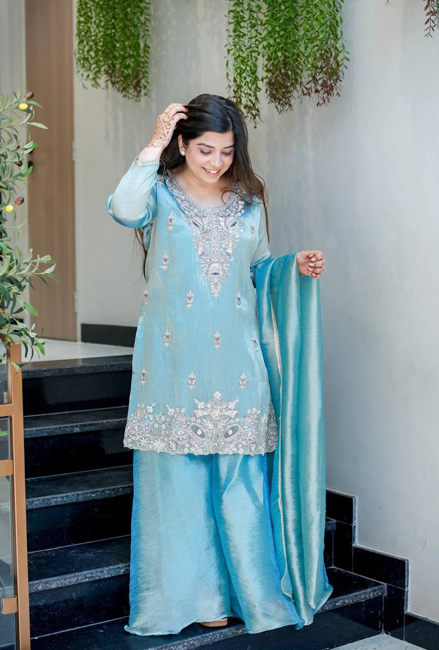 Amrapali Trend Heavy Fandy Satin Embroidered Kurta Set with Bottom & Fancy Lace Dupatta for Women - Image 11