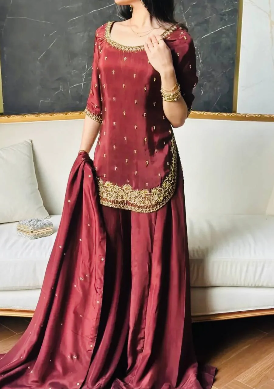 Amrapali Trend Heavy Natural Crepe Silk Embroidered Top Palazzo Dupatta Set for Women - Image 3
