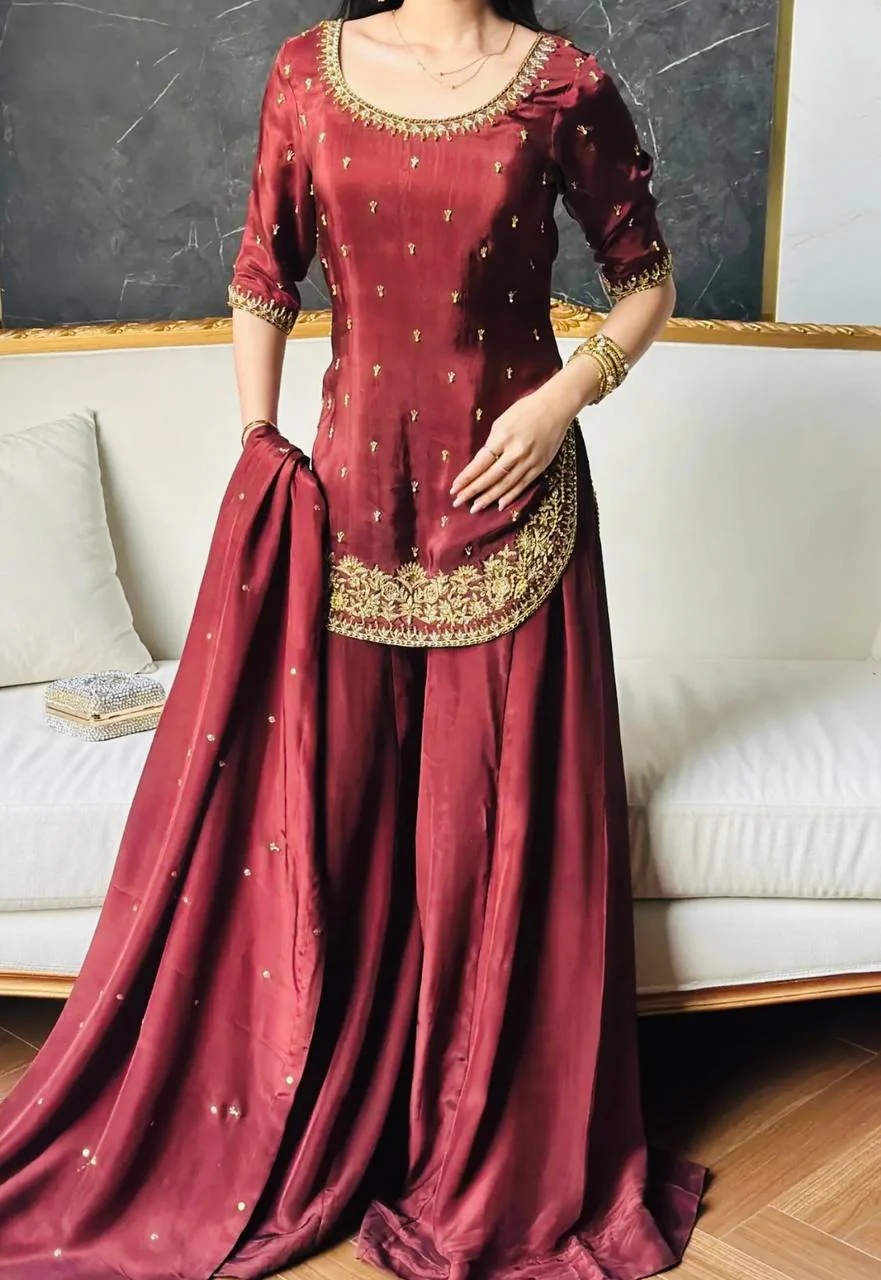 Amrapali Trend Heavy Natural Crepe Silk Embroidered Top Palazzo Dupatta Set for Women - Image 4
