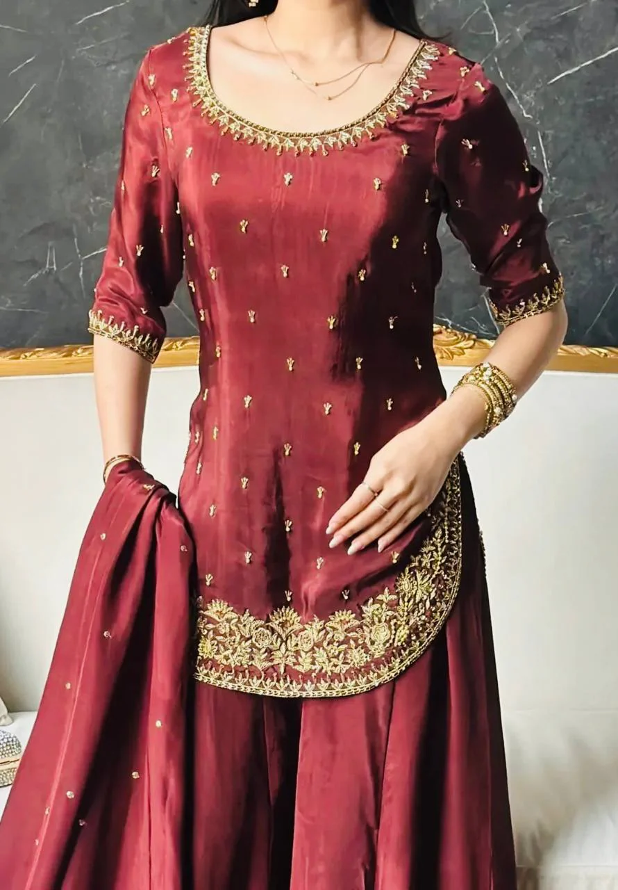 Amrapali Trend Heavy Natural Crepe Silk Embroidered Top Palazzo Dupatta Set for Women - Image 6