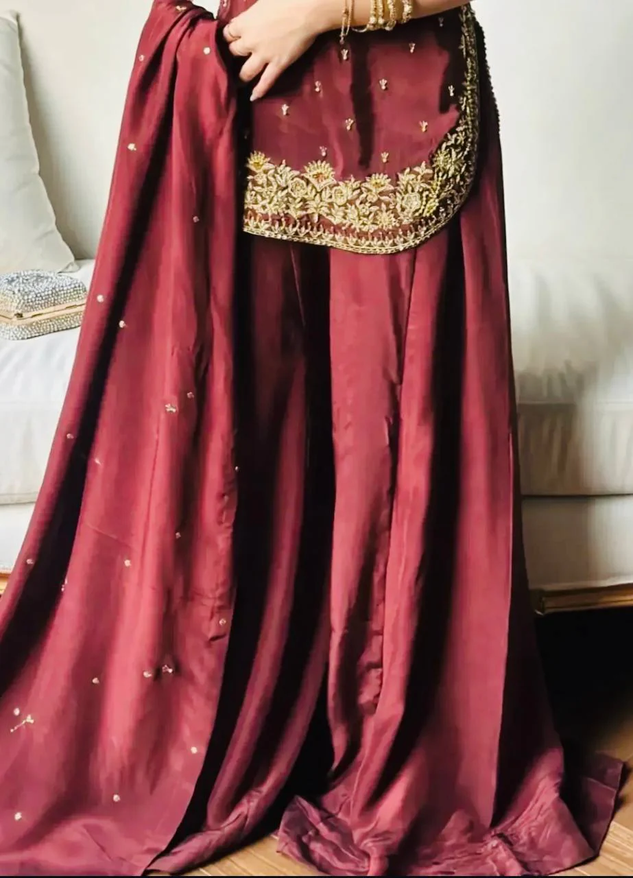 Amrapali Trend Heavy Natural Crepe Silk Embroidered Top Palazzo Dupatta Set for Women - Image 8