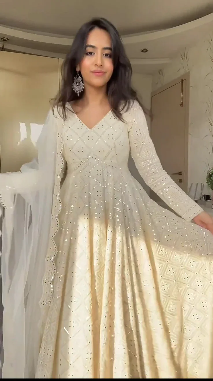 Amrapali Trend Off-White Embroidered Georgette Anarkali Suit Set