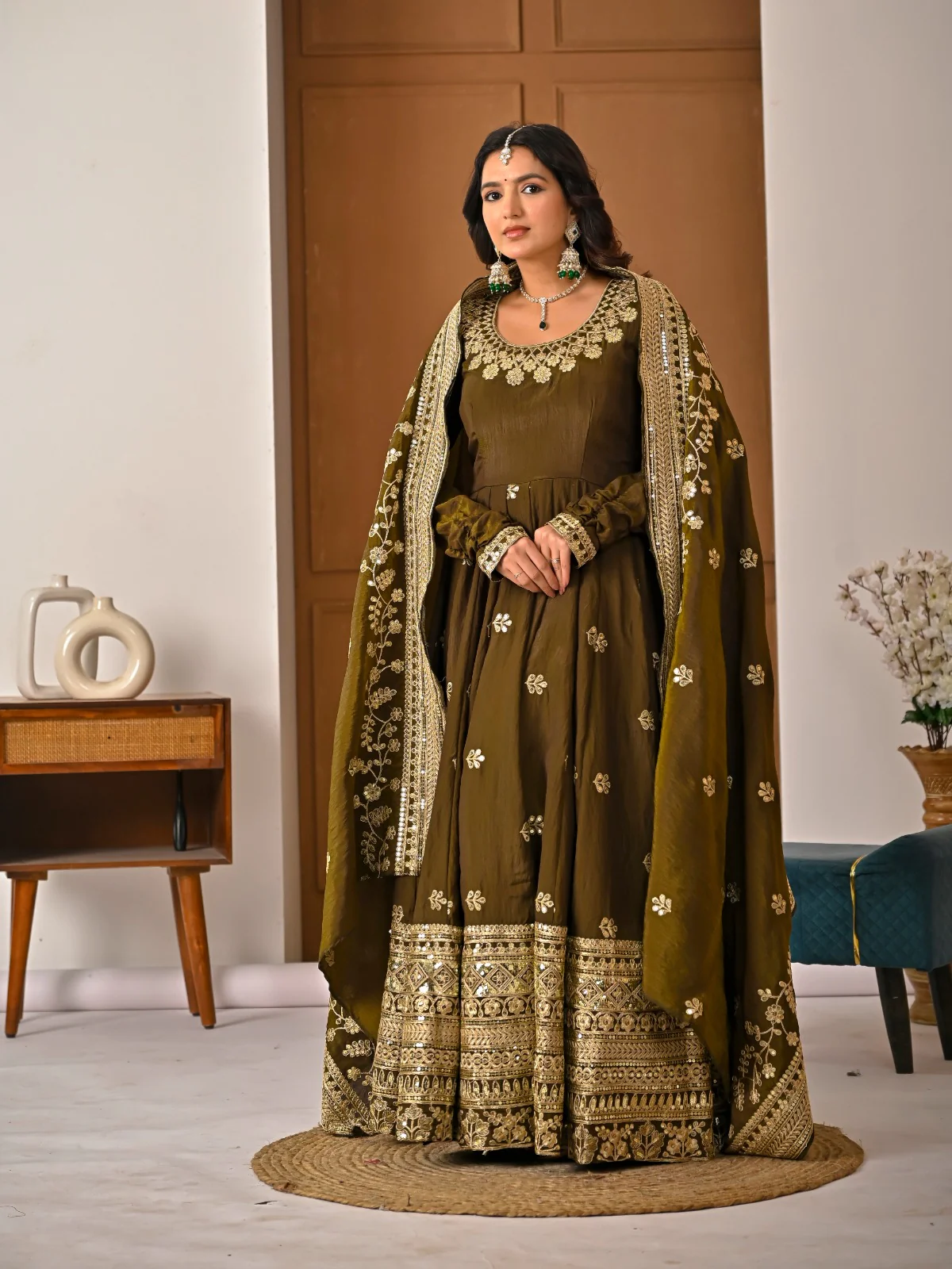 Amrapali Trend Olive Green NC Vichitra Fabric Fully Embroidered Anarkali Suit Set with Dupatta – Festive & Wedding Wear - Image 5