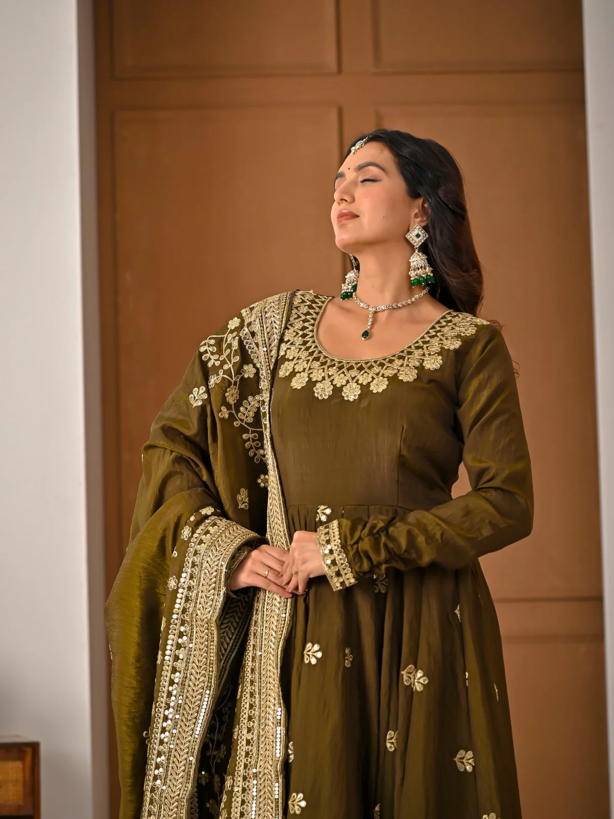Amrapali Trend Olive Green NC Vichitra Fabric Fully Embroidered Anarkali Suit Set with Dupatta – Festive & Wedding Wear - Image 7