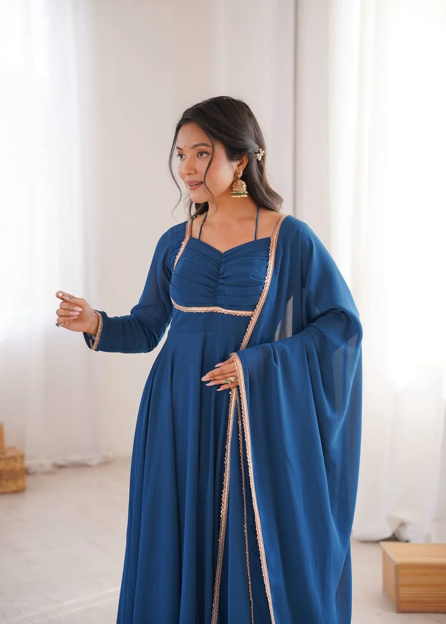 Amrapali Trend Premium Designer Fox Georgette Long Gown with Rich Flare & Lace Dupatta - Image 14