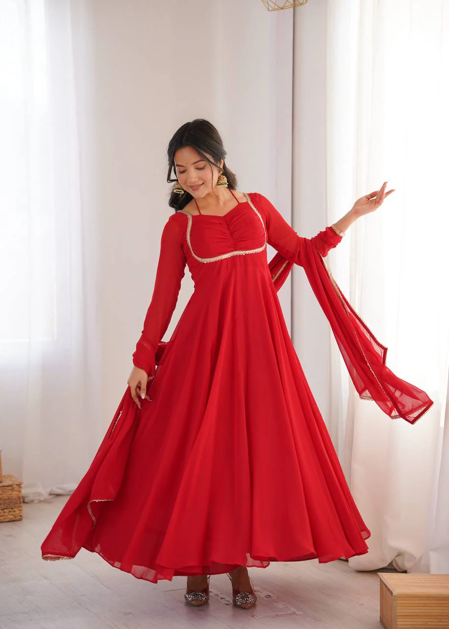 Amrapali Trend Premium Designer Fox Georgette Long Gown with Rich Flare & Lace Dupatta - Image 5