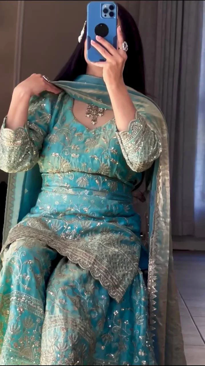 Amrapali Trend Premium Fandy Crushi Silk Sharara Set with Sequins Embroidery - Image 2