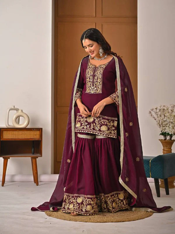 Amrapali Trend Premium Heavy Fendy Silk Embroidery Sharara Palazzo Suit - Image 3
