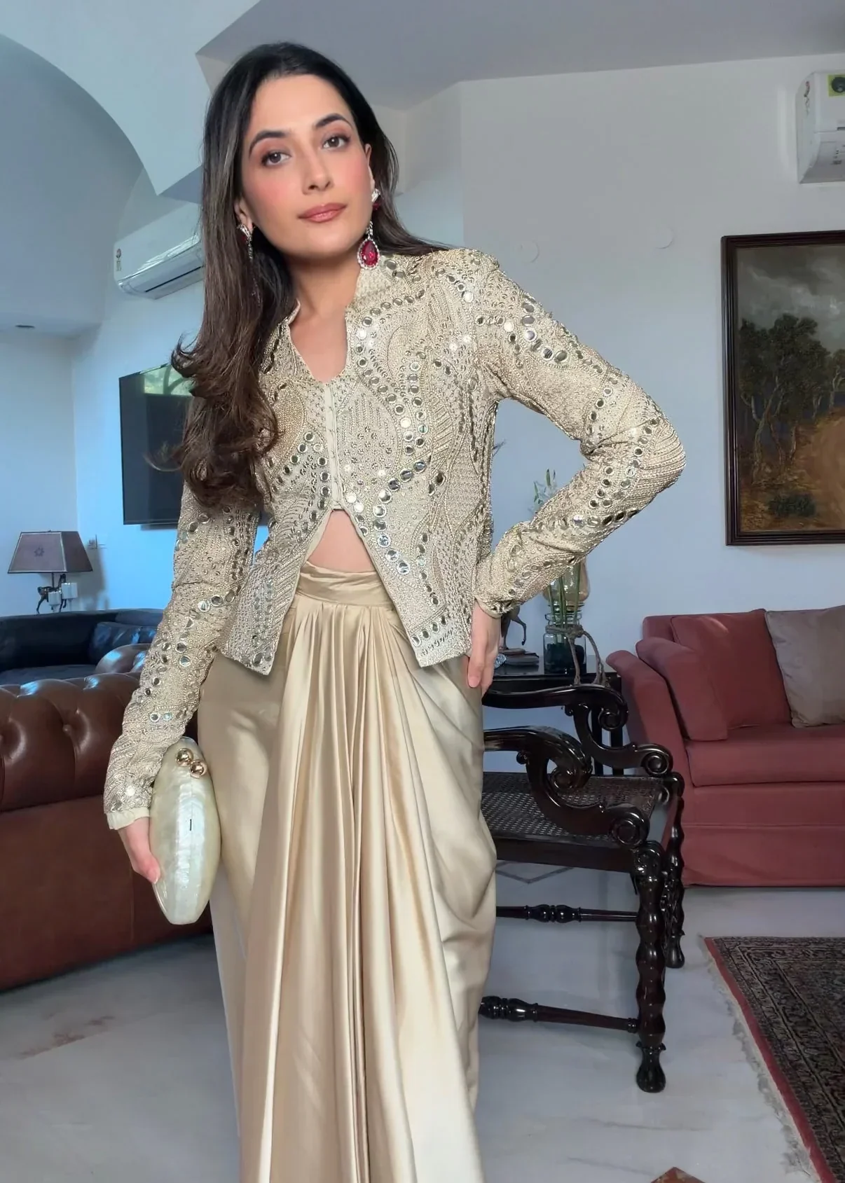 Amrapali Trend Zareen Gold Silk Zari Indo-Western Jacket Set with Mirror Work & Embroidery - Image 4