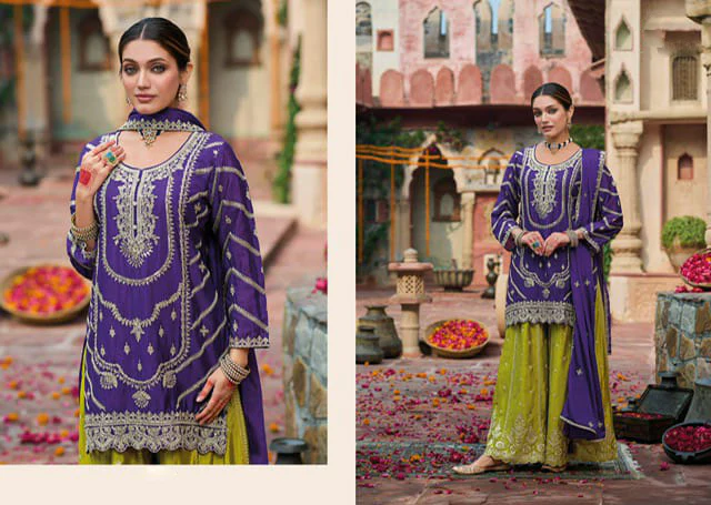 An exquisite purple-yellow Sharara suit that is ideal for this festive season - Image 4