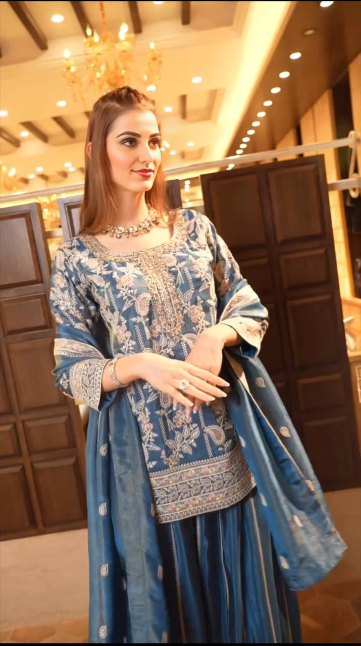 Beautiful Sky Blue Embroidered Sharara Gown for Women: Classic Design, Fine Details, Ideal for Parties, Weddings, and Festive Occasions - Image 3
