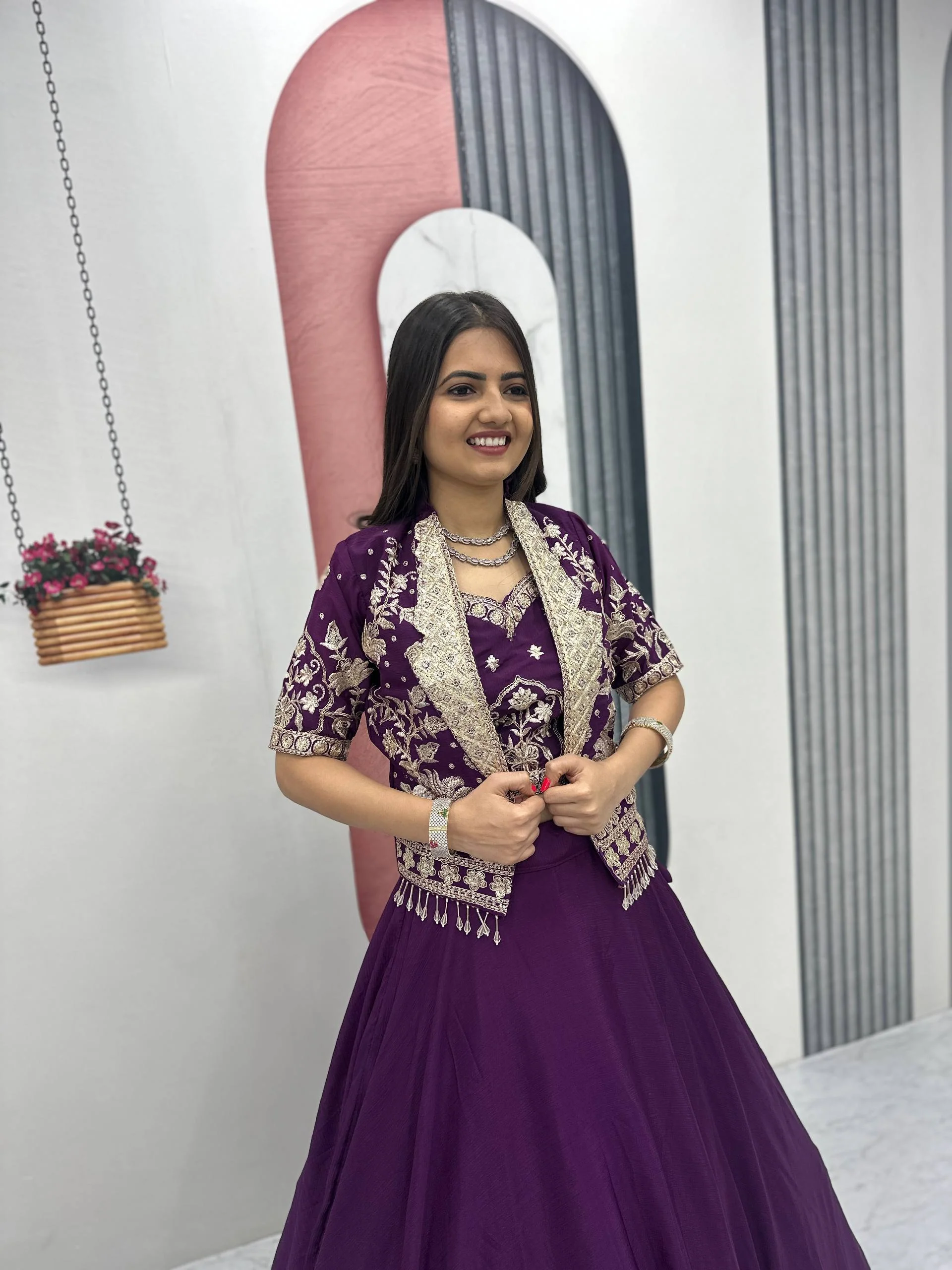 Amrapali Trend Designer Chinon Crop Top Lehenga Set with Heavy Embroidery Jacket - Image 14