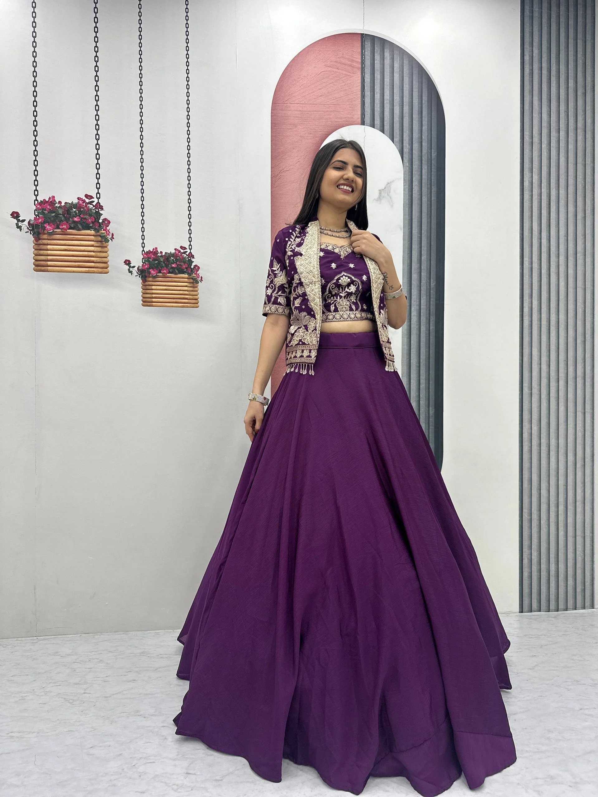Amrapali Trend Designer Chinon Crop Top Lehenga Set with Heavy Embroidery Jacket - Image 16