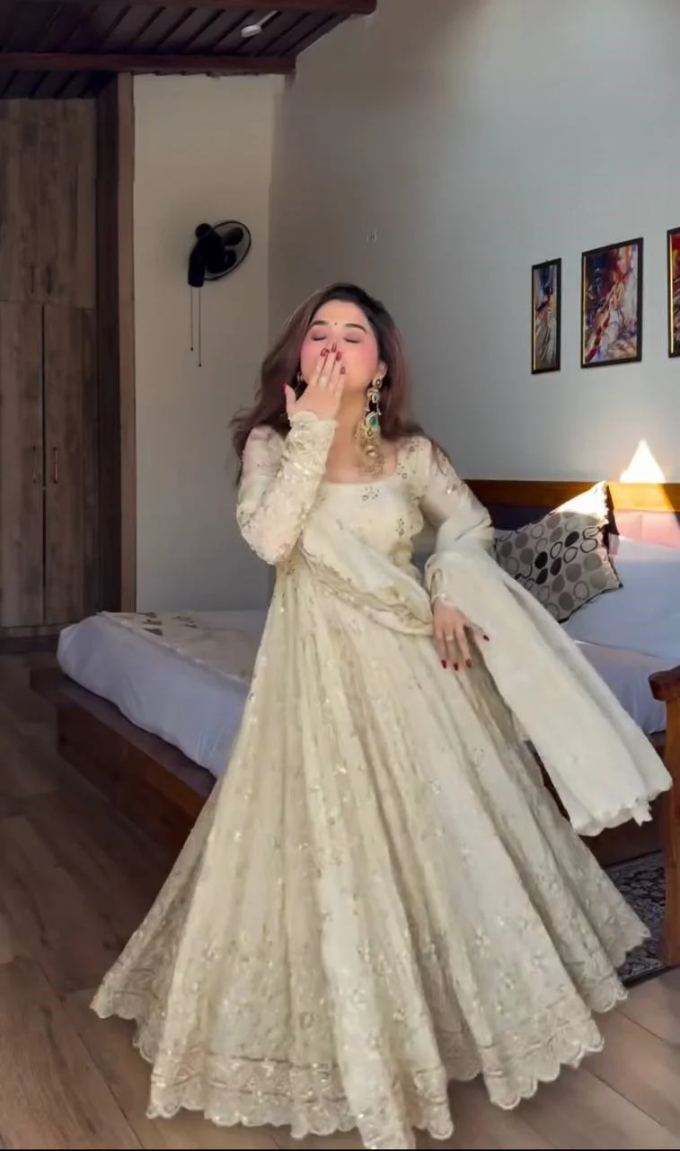 Designer Cream Anarkali Gown with Heavy Embroidery | Wedding Special - Image 3