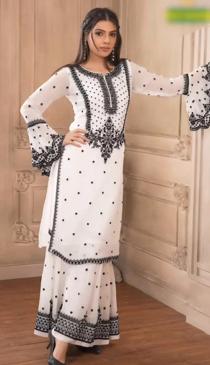 Designer Heavy Embroidered Faux Georgette Flair Top Set with Dupatta - Image 4