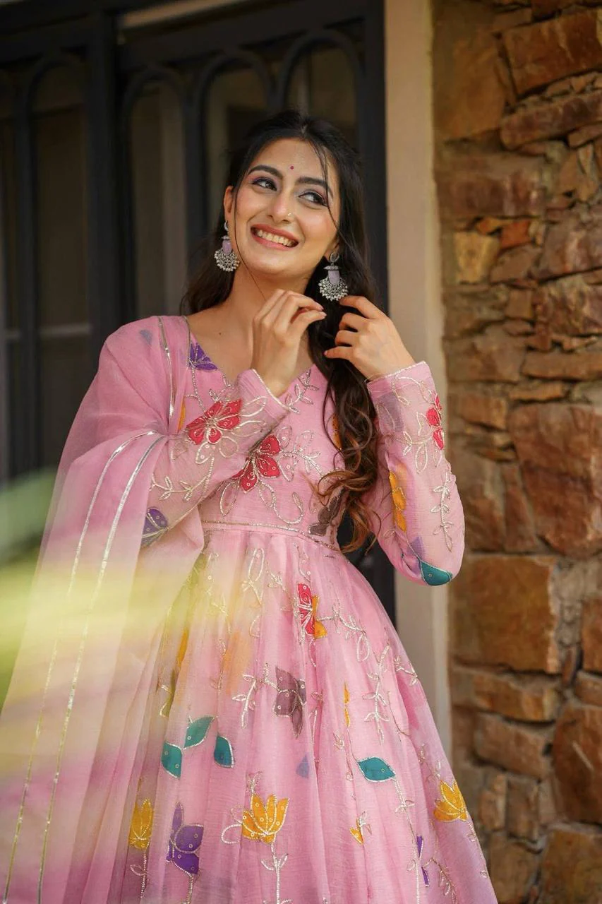 Designer Party Wear Star Georgette Gown Sharara Set with Heavy Multicolor Floral Embroidery, Sequins & Dupatta - Image 4