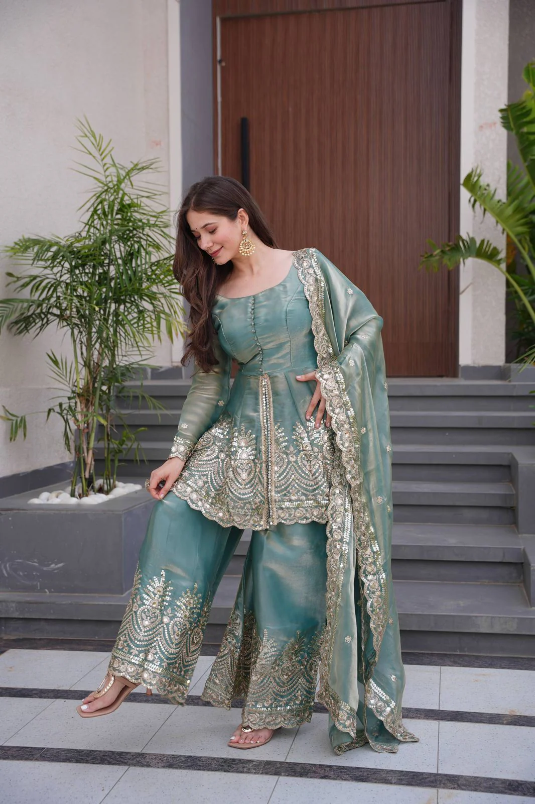 Designer Party Wear Two-Tone Fendy Satin Silk Gown Sharara Set with Heavy Embroidery, Real Mirror Work & Dupatta - Image 2