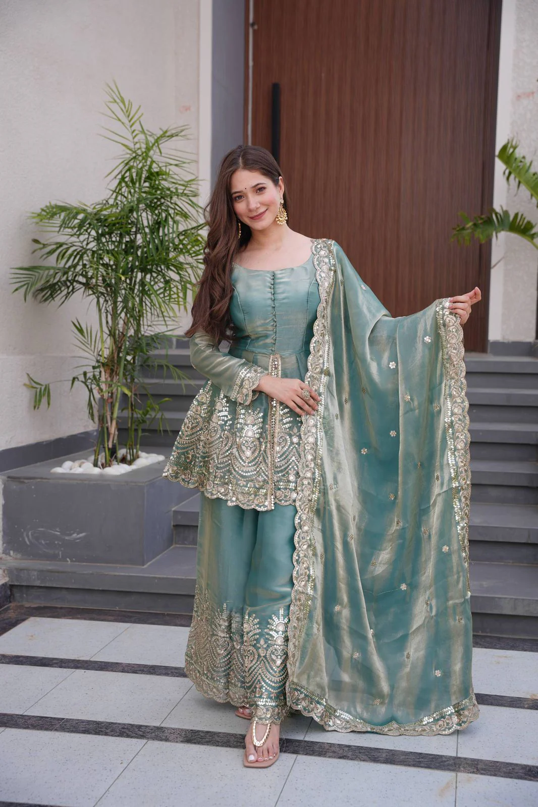 Designer Party Wear Two-Tone Fendy Satin Silk Gown Sharara Set with Heavy Embroidery, Real Mirror Work & Dupatta - Image 5