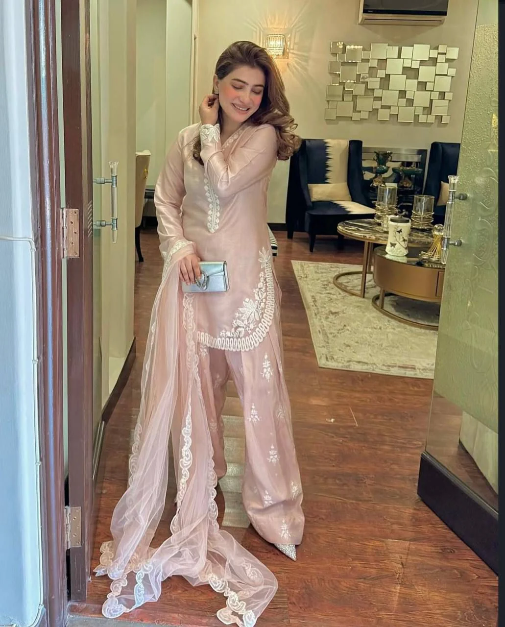 Elegant Baby Pink Embroidered Farshi Suit Set - Image 4