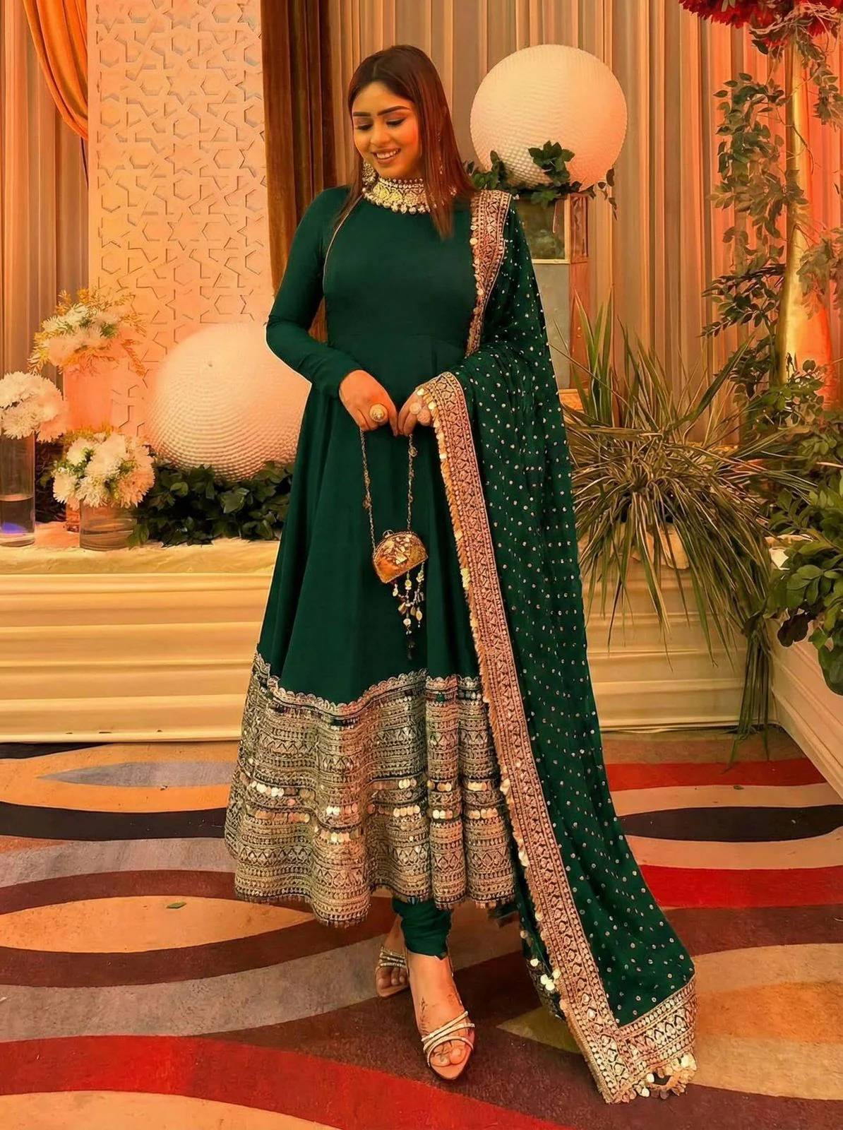 Elegant Faux Georgette Dupatta Roman Silk Gown Set - Image 3