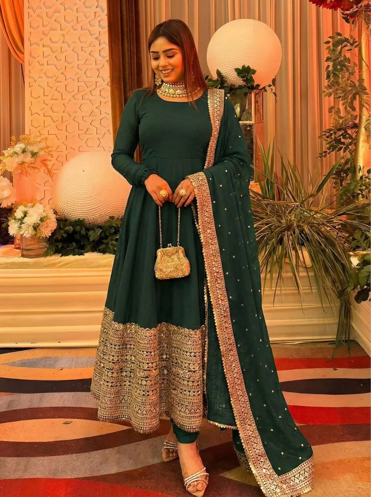 Elegant Faux Georgette Dupatta Roman Silk Gown Set - Image 4