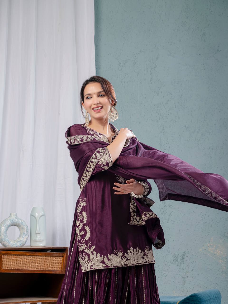 Elegant Wine Chinnon Sharara Set with Intricate Embroidery - Image 3