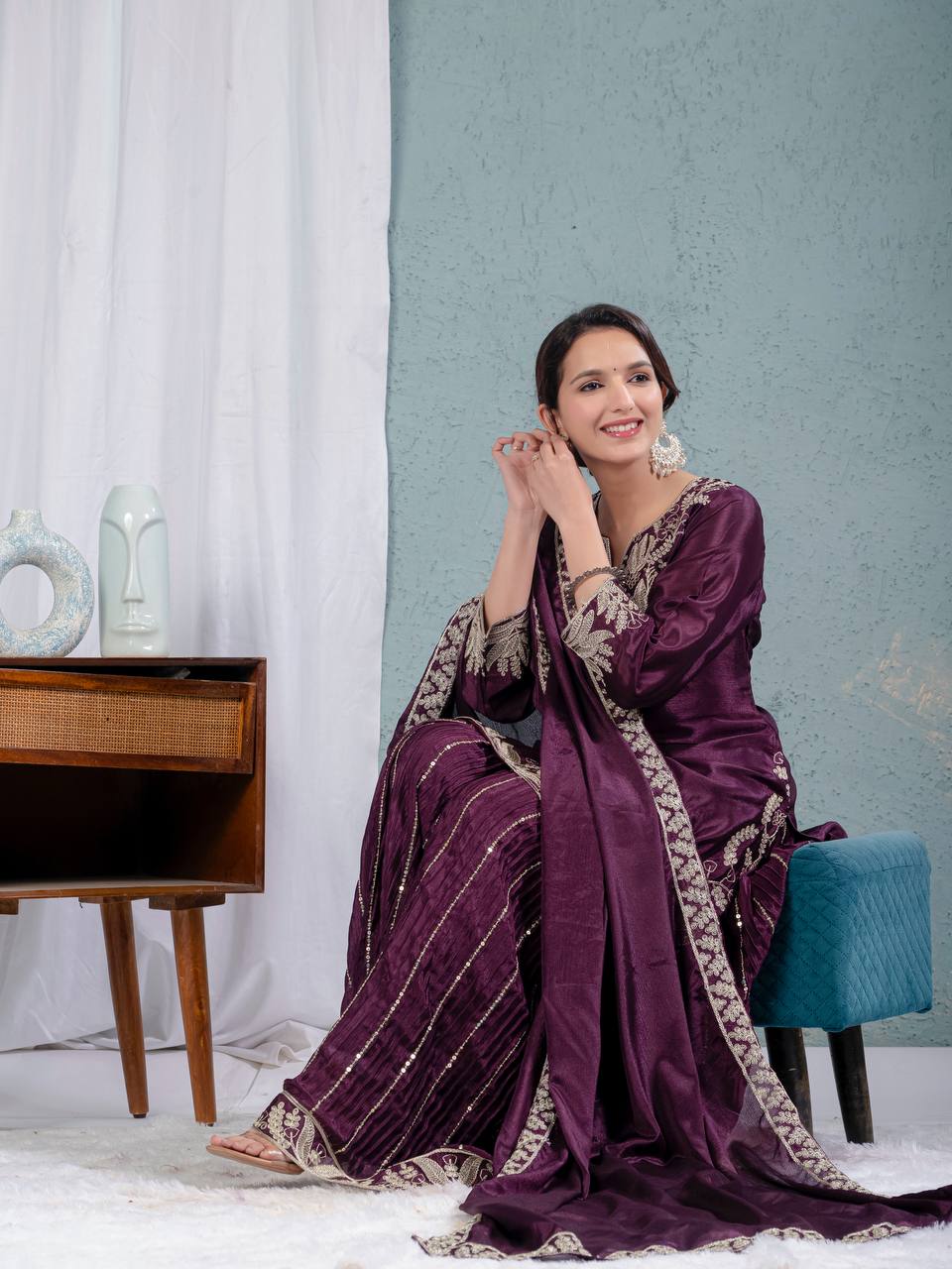 Elegant Wine Chinnon Sharara Set with Intricate Embroidery - Image 4