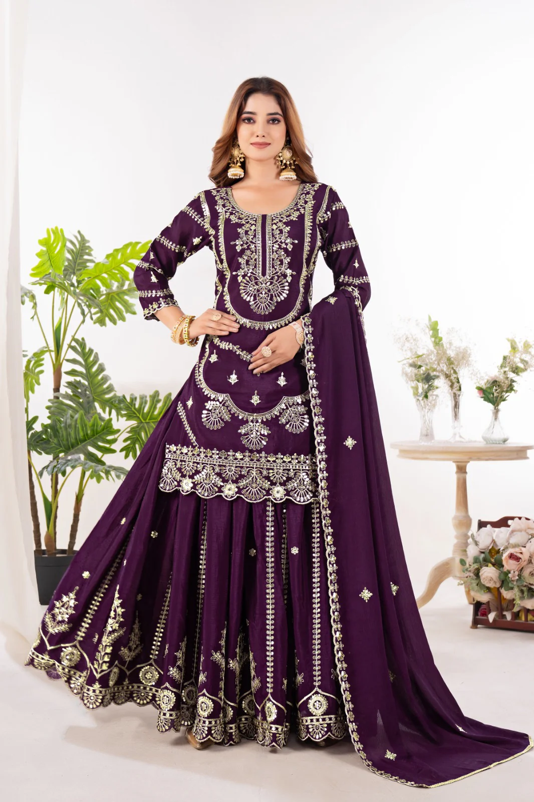 Embrace sophistication in this exquisite purple lehenga sharara suit, which combines classic design elements with modern flair. - Image 6