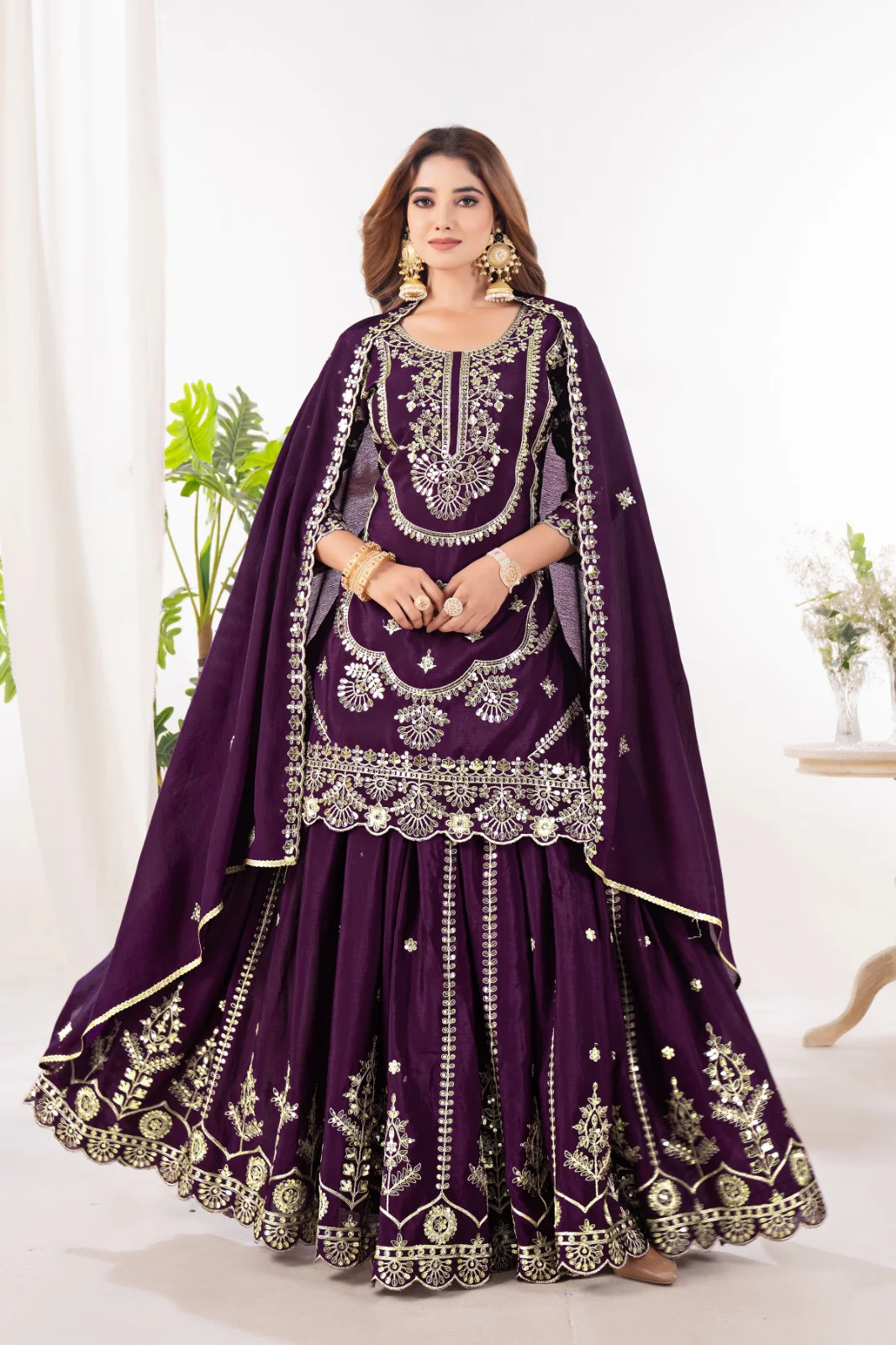 Embrace sophistication in this exquisite purple lehenga sharara suit, which combines classic design elements with modern flair. - Image 8