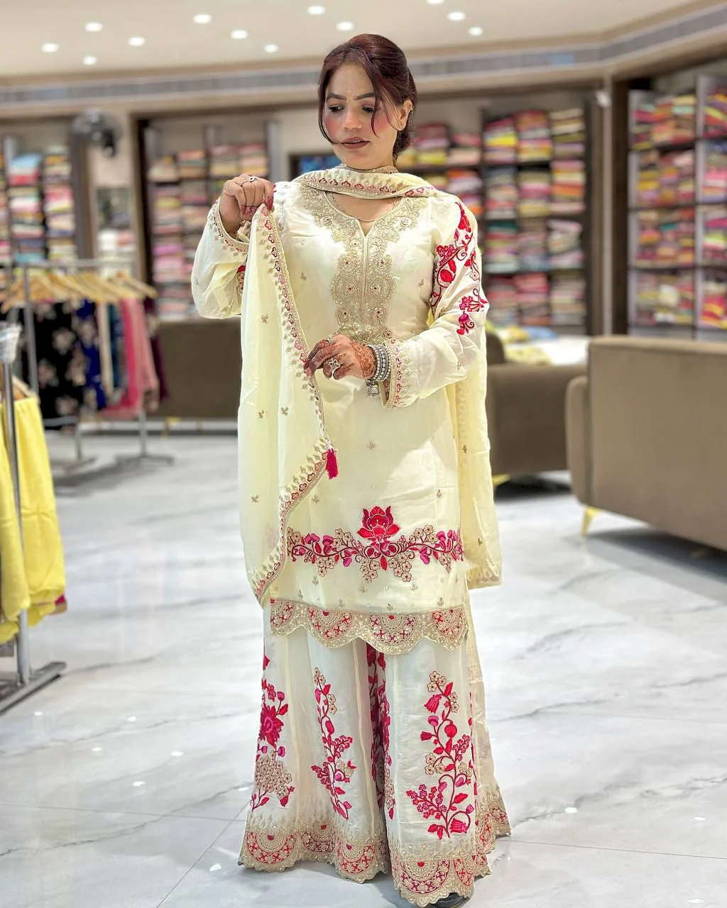 Festive and wedding wear for women in this beautiful white chinon silk sharara set with lots of embroidery. - Image 2