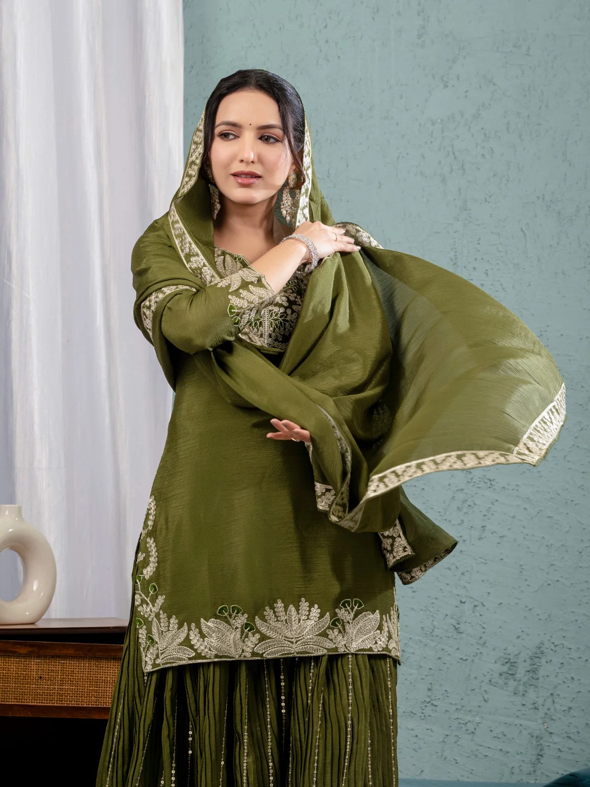 Gorgeous Mehendi Sharara Outfit With Matching Dupatta And Elaborate  Embroidery - Image 4