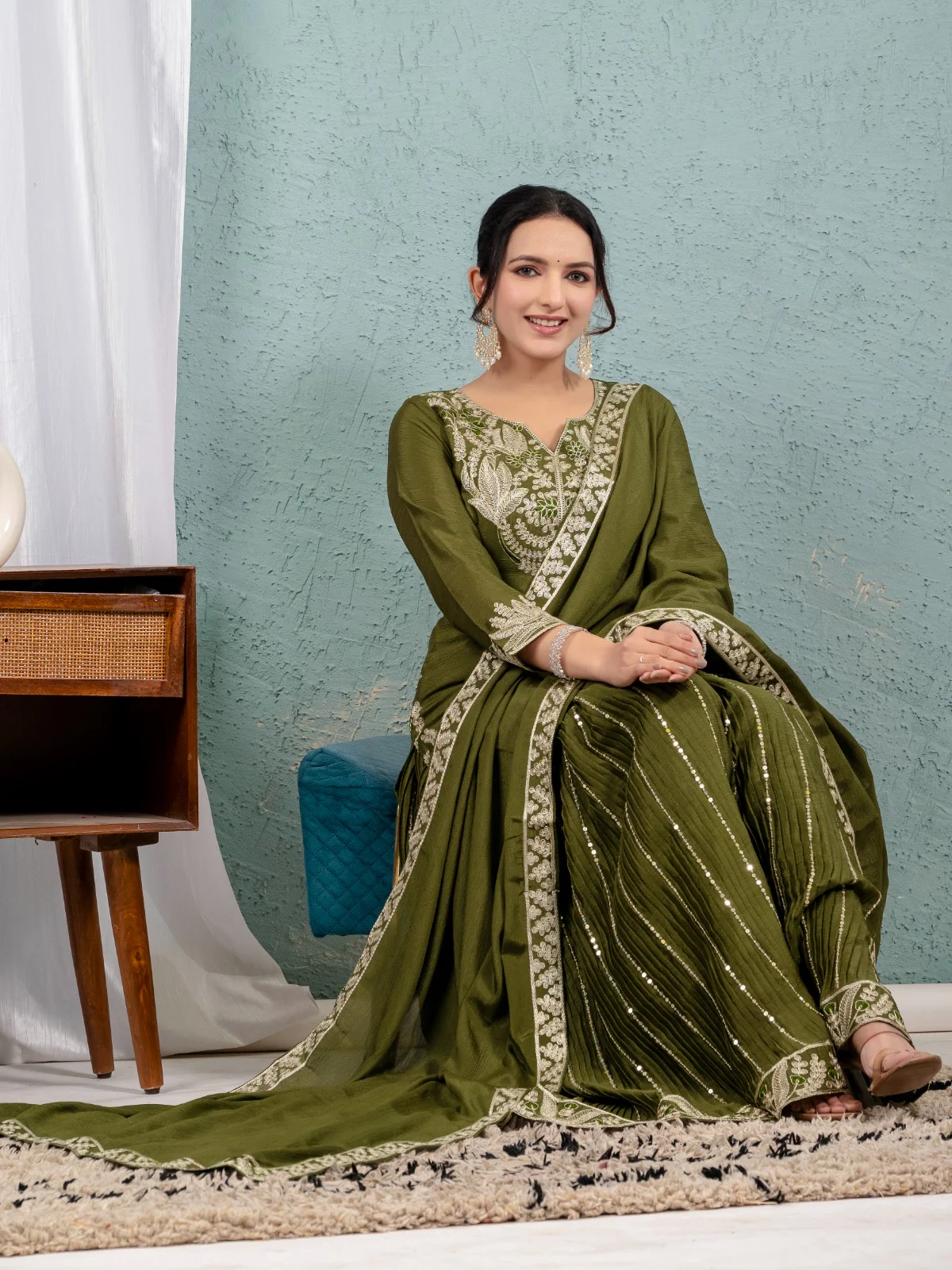 Gorgeous Mehendi Sharara Outfit With Matching Dupatta And Elaborate  Embroidery - Image 6