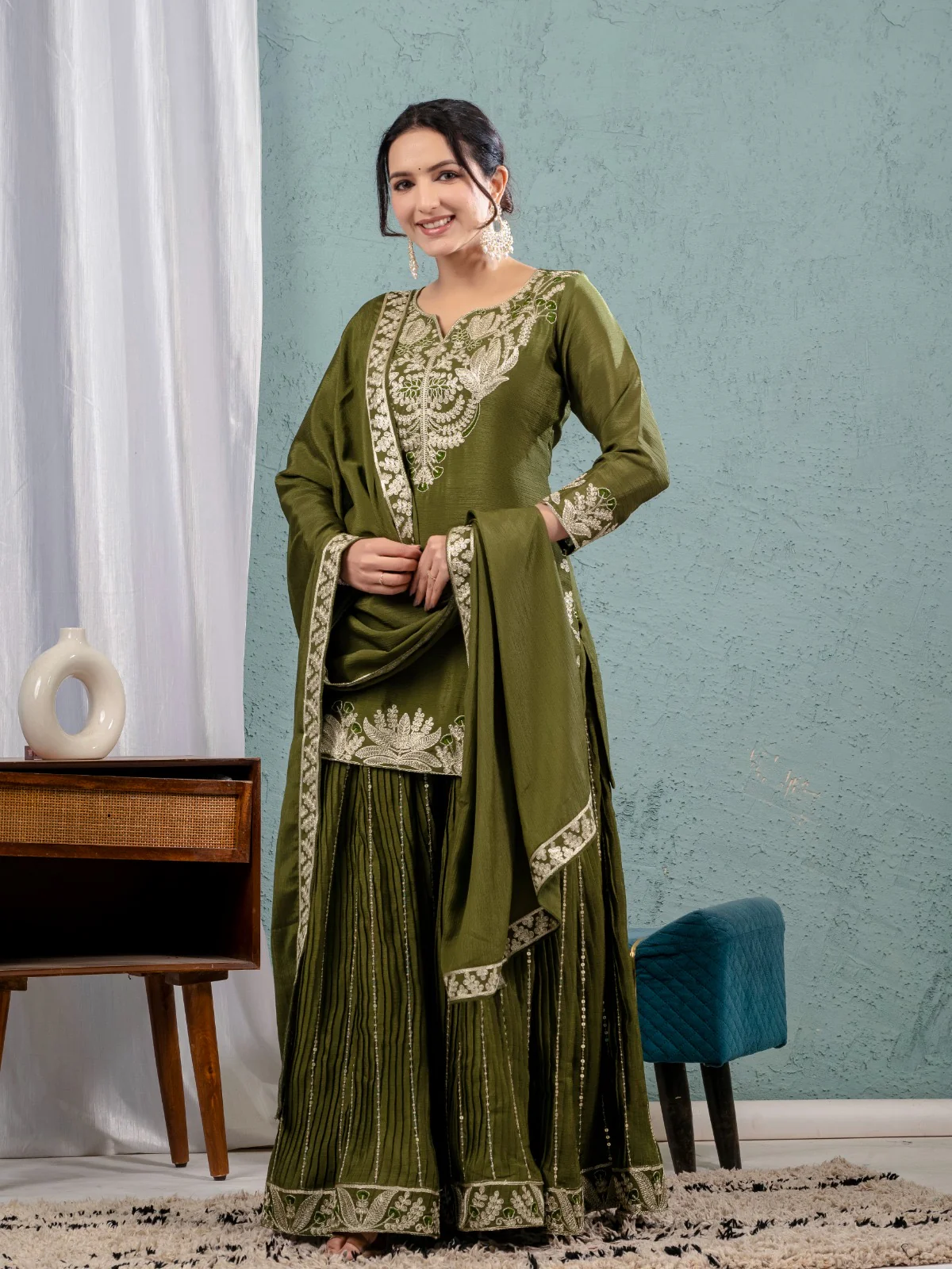 Gorgeous Mehendi Sharara Outfit With Matching Dupatta And Elaborate  Embroidery - Image 9