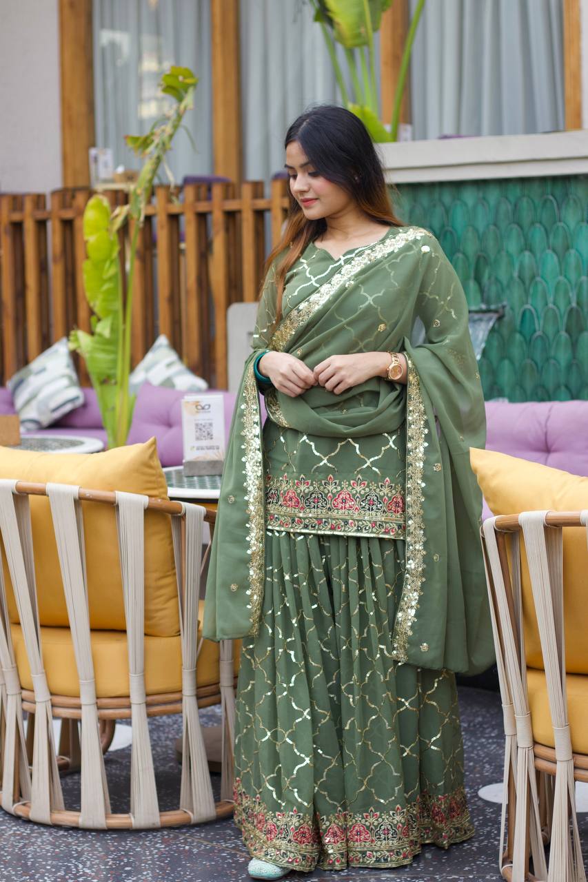 Amrapali Trend Sharara Suit With Exquisite Embroidery Is Perfect For Festivals And Weddings. - Image 3