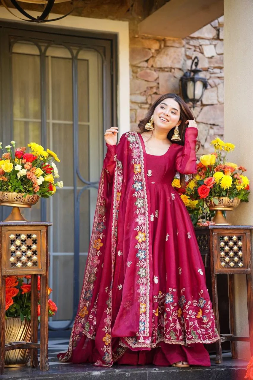 Heavy GMY Silk Embroidered Anarkali Plazzo Set with Matching Dupatta - Image 3