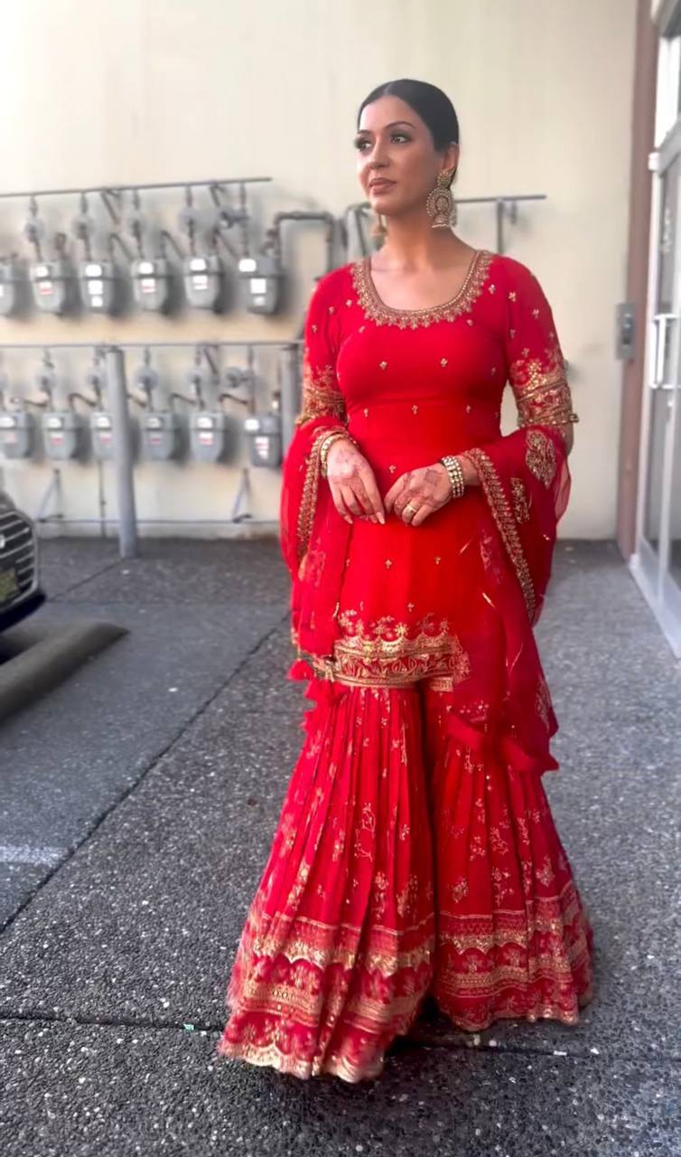 Ladies' Elegant Red Embroidered Sharara Gown: Stylish, Elegant, and Ideal for Weddings, Festive Events, and Special Occasions