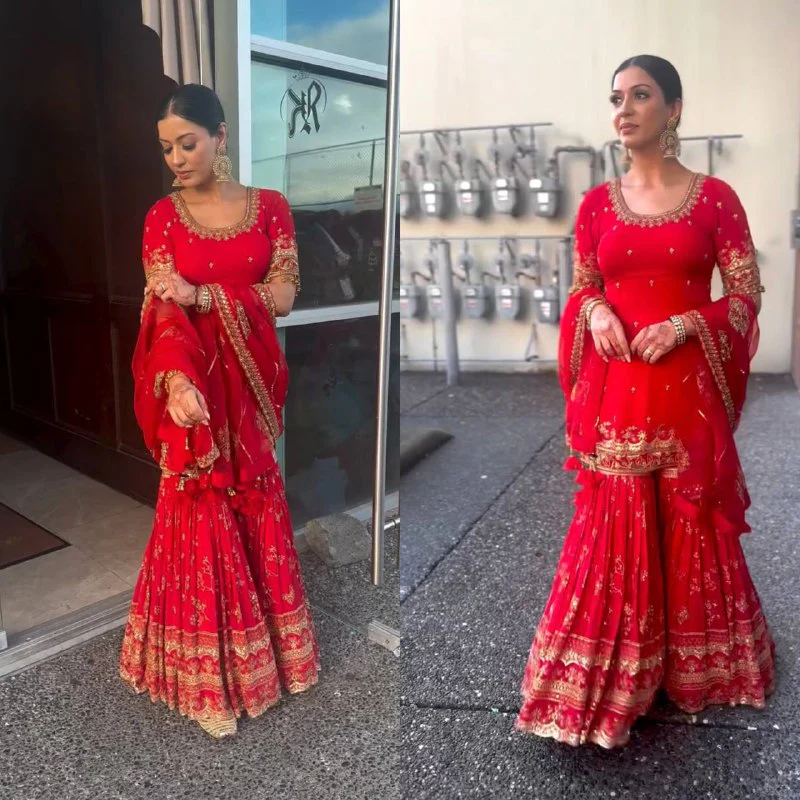 Ladies' Elegant Red Embroidered Sharara Gown: Stylish, Elegant, and Ideal for Weddings, Festive Events, and Special Occasions - Image 4